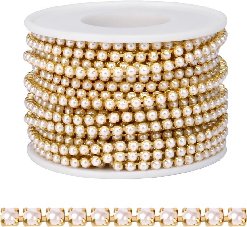 Ucevi 10 Yards Gold Pearl Trim Chain for Craft, 3MM Pearl Beaded Cup Chain Trim by Yard for Sewing DIY Crafts Jewelry Making Decoration - Image 1